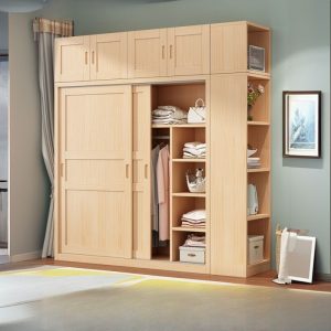 "Lemon Color Pine Wood Children's Wardrobe with Shelf, Clothing Rod, and Door"
