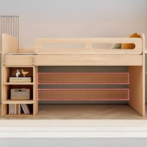 "Simple Timber Rustic Wood Gender Neutral Children Loft Bed with Container, Stairs, Guardrail"